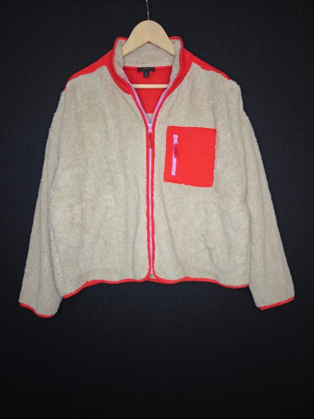 💙 J.Crew Sherpa Fleece Full Zip Jacket Beige Orange Size L/XL Oversized Warm